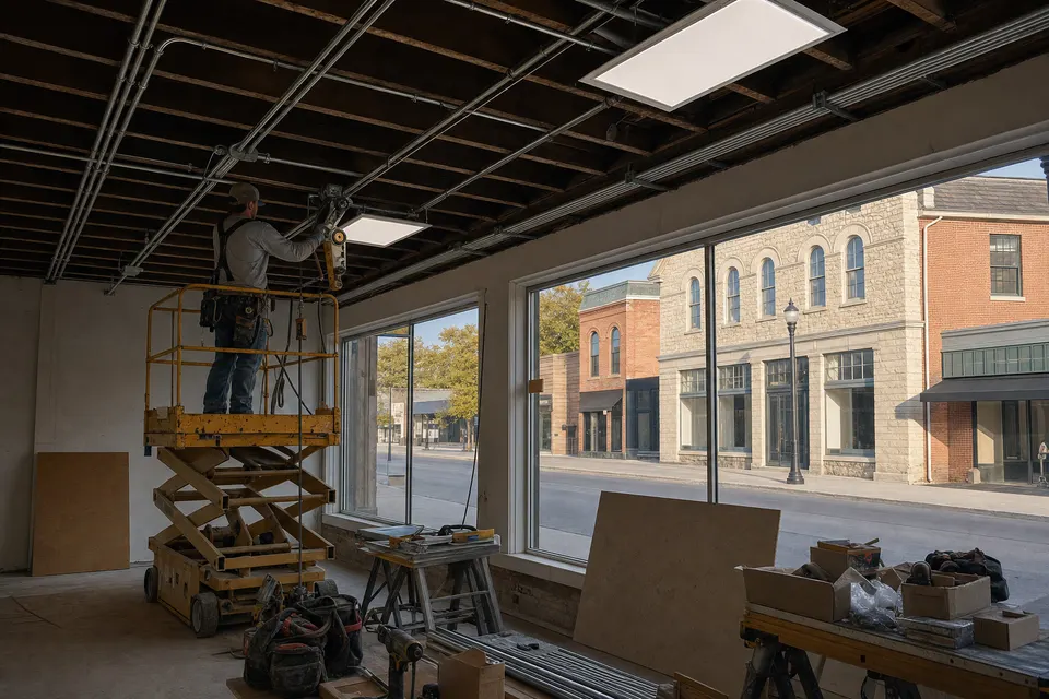 An electrician on a lift running conduit and LED panels in a storefront on State Street in downtown Lockport