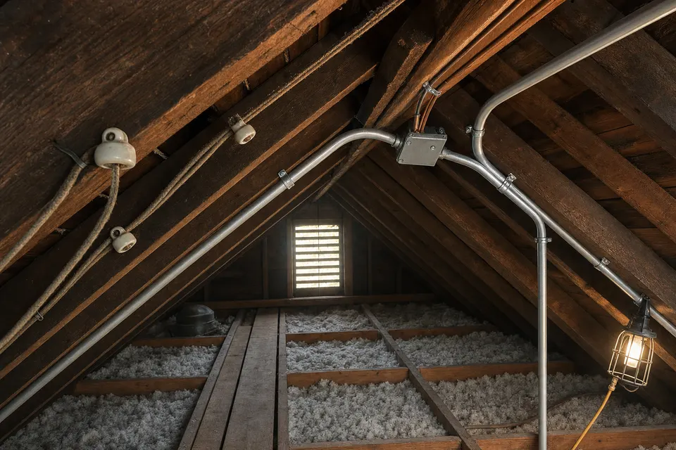 Old ceramic knob-and-tube insulators beside new conduit and a junction box in a Lockport attic